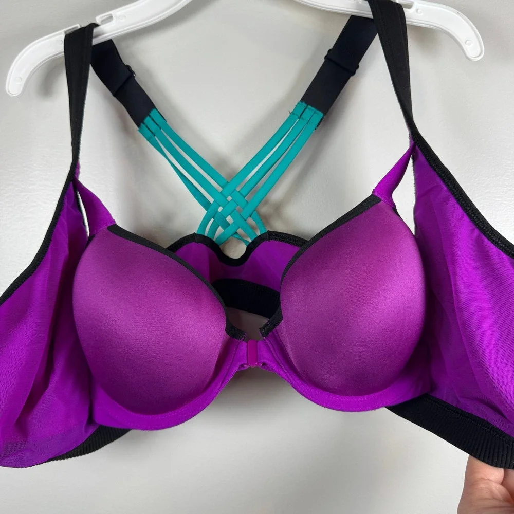 Victoria's Secret VSX Sports Bra‎ Purple Teal Front Zip Underwire Padded 36B